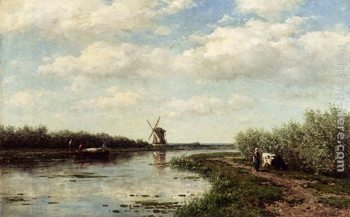 Willem Roelofs Figures On A Country Road Along A Waterway, A Windmill In The Distance